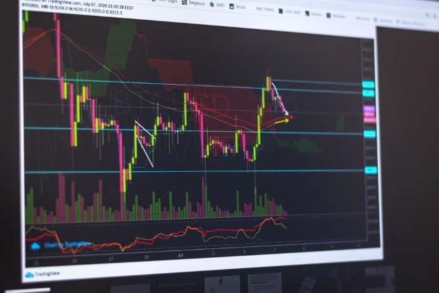 Crypto trading chart screen with pink and green candlesticks