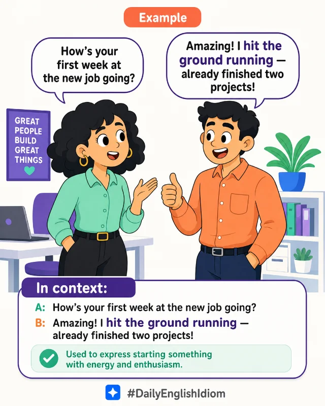 Card C: Two flat-illustration characters in a workplace chat using the idiom in context