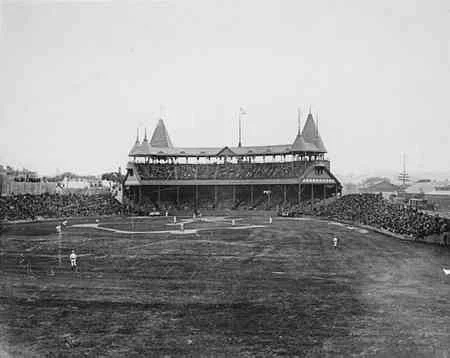 South End Grounds baseball park in Boston, circa 1893 — the distinctive double-decker grandstand with witch's-cap turrets that still stood when Piatt pitched his doubleheader in 1903