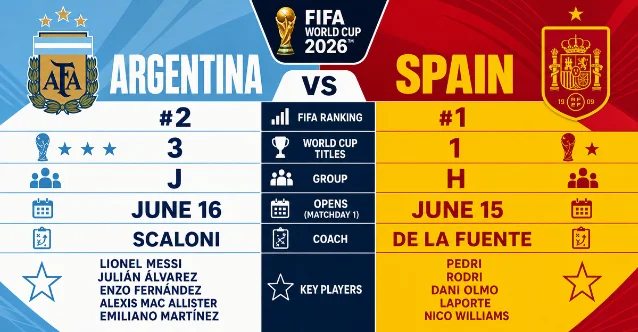 Argentina vs Spain 2026 World Cup comparison — FIFA ranking, group, titles, key players