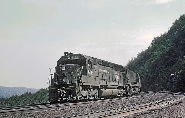 Penn Central SD45 locomotive No. 6133 at Horseshoe Curve, Pennsylvania, September 1970 — three months after the bankruptcy filing