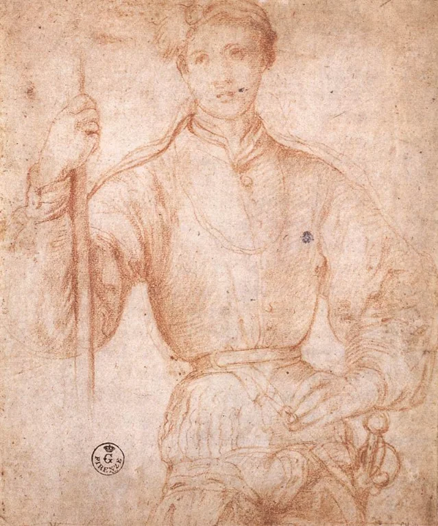 Red chalk preparatory drawing for the Halberdier by Pontormo, showing a more frontal figure with less contrapposto, Uffizi Gabinetto dei Disegni e delle Stampe