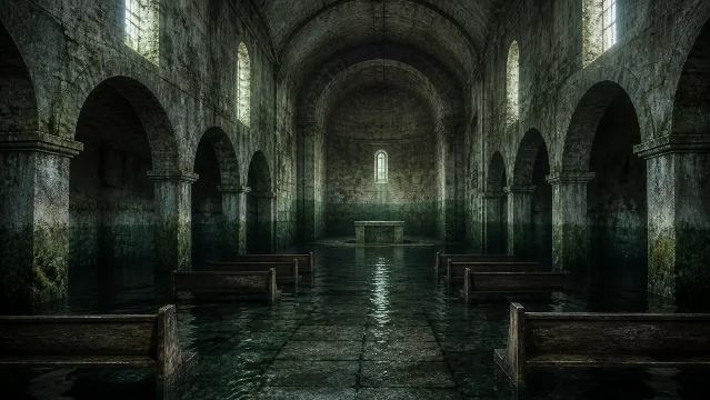 An empty chapel nave below a reservoir waterline, with shallow black water across the stone floor and pale green light through high windows
