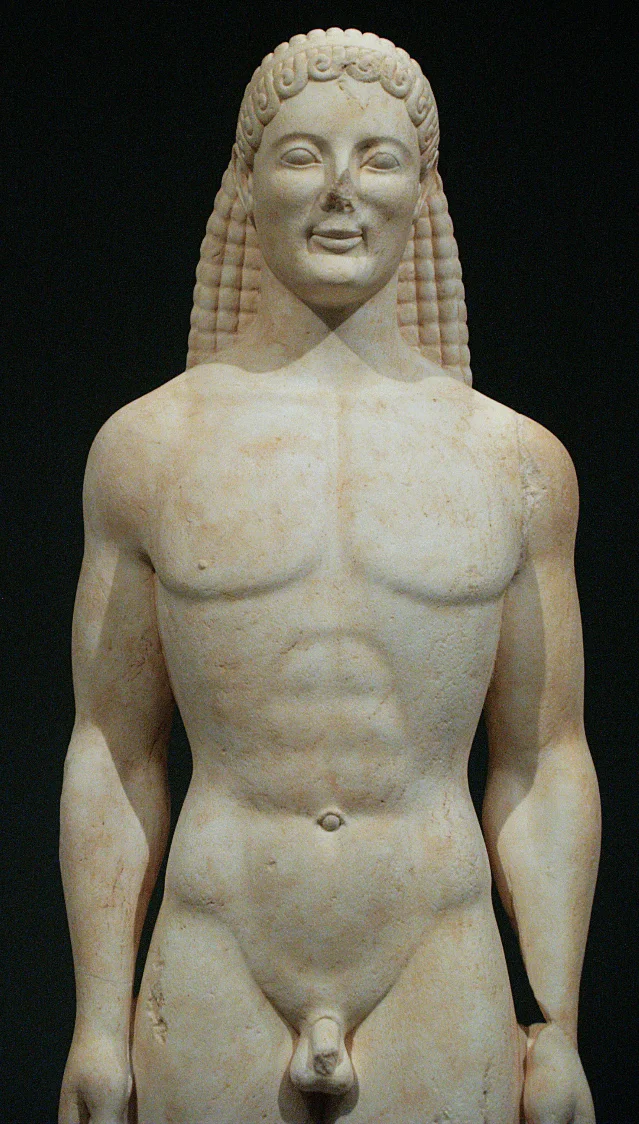 Getty Kouros — face and upper torso close-up
