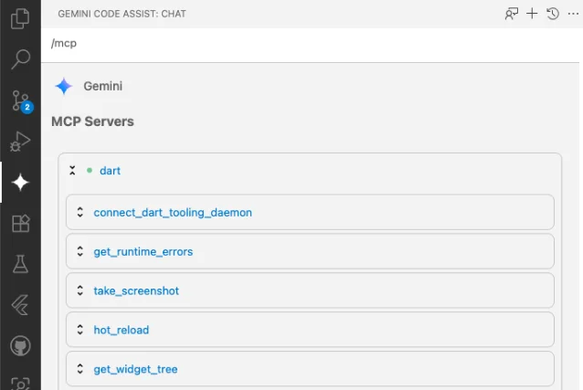 Gemini Code Assist showing the list of available Dart MCP server tools in the VS Code chat panel