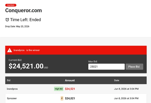 DropCatch auction result: Conqueror.com sold for $24,521, winner brandpros