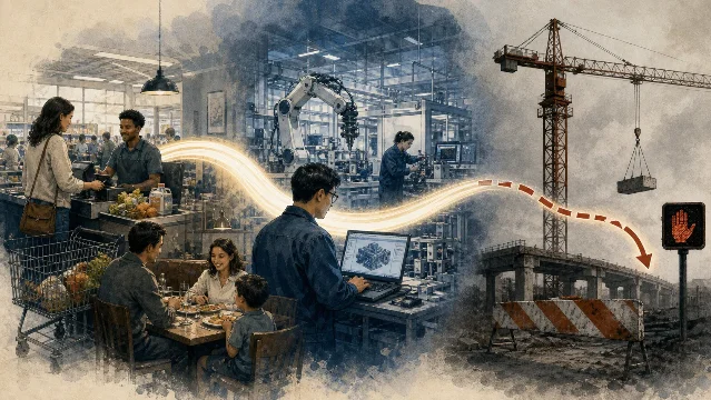 Editorial illustration of households and factories carrying growth while public construction slows