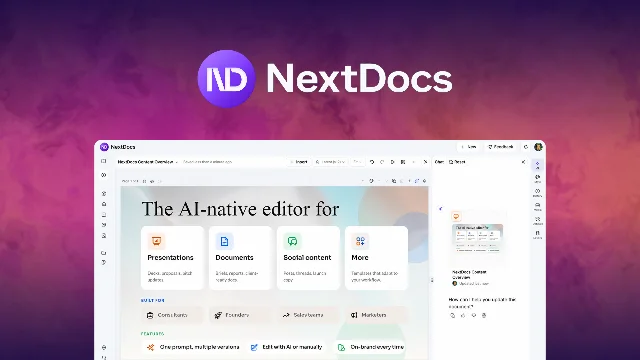 NextDocs app interface showing the AI document creation homepage with options for Presentations, Documents, Social content and More