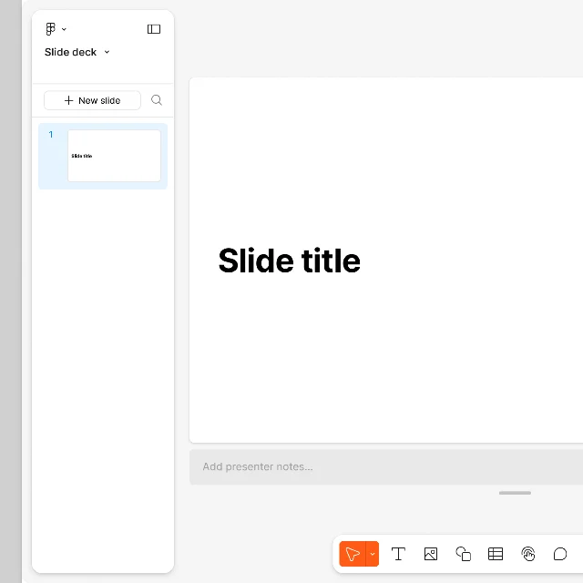 Figma Slides left sidebar showing slide list, Slide View / Grid View switcher, and template picker