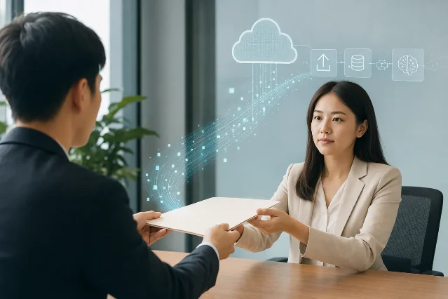 中国职场中，简历资料从招聘入口进入 AI 处理链的示意画面
