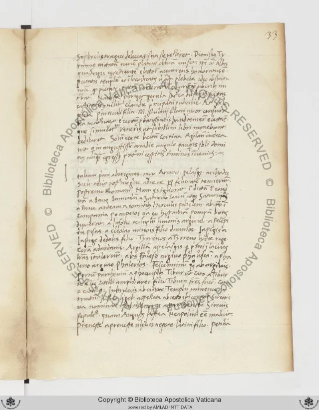 Folio 33r of Ott.lat.2848, showing a page from the Roman religion miscellany in the 16th-century hand, with dense humanistic script discussing Italian mythology and sacred places