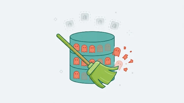 Illustration of a database cylinder filled with ghost icons (orphaned metafields) being swept out by a broom, with faded uninstalled app icons above