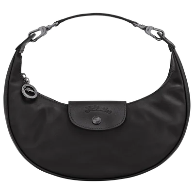 Longchamp Le Pliage Xtra S shoulder bag in black leather against white background — sale price $343 from original $490
