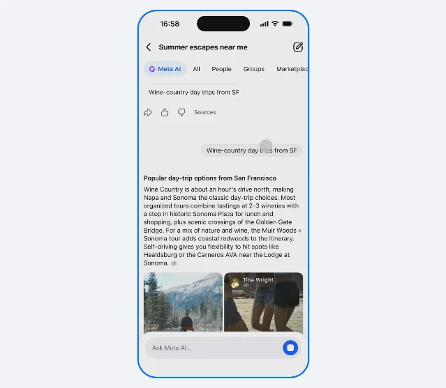 Screenshot of Facebook AI Mode answering a travel search