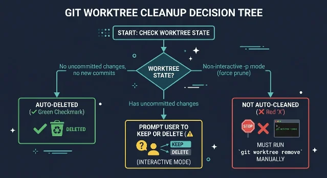 Worktree 清理决策树:无改动自动删除、有改动提示保留或删除、-p 非交互模式必须手动清理