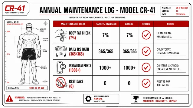 CR-41 Annual Maintenance Log — body fat 7%, ice bath 365/365, rest days 0