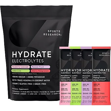 Sports Research Hydrate Electrolytes — black pouch with four single-serve flavor packets fanned out, showing Raspberry Lemonade, Passion Fruit, Lemon Lime, Cherry Pomegranate