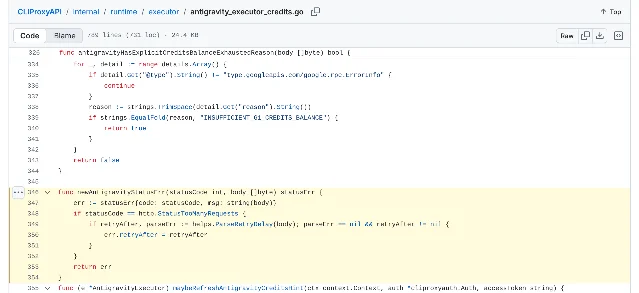 CLIProxyAPI v8.0.29 的 antigravity_executor_credits.go 第 346 至 354 行源码