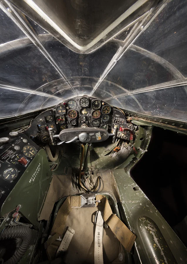 Bell X-1 cockpit interior, viewed from above the instrument panel toward the plexiglass canopy