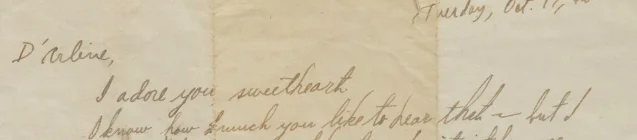A scan of the opening of Feynman's handwritten letter dated Tuesday, Oct. 17 — "D'arline, I adore you sweetheart" in ink on yellowed paper