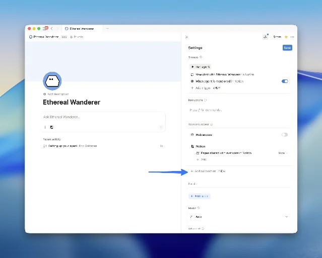 Notion AI agent settings page showing the '+ Add connection' interface for connecting Worker tools