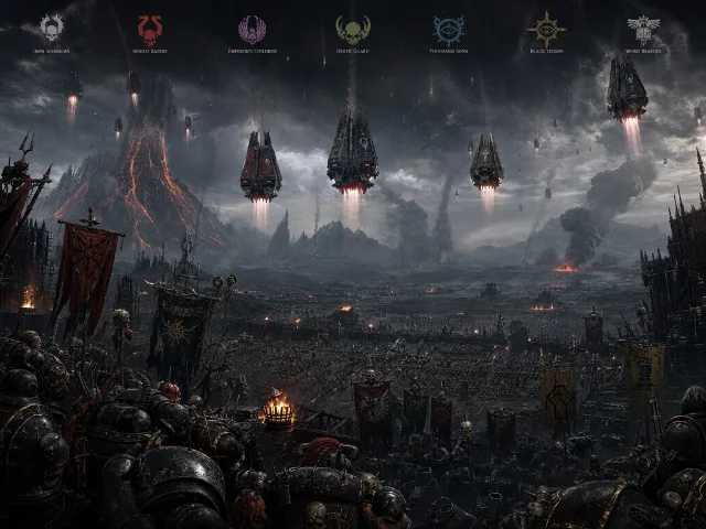 Seven Space Marine Legions descending in drop pods upon a volcanic black plain while a traitor army waits in fortified trenches below — the moment of the Drop Site Massacre