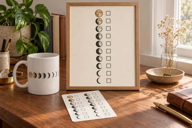 AI-generated product concept: framed hand-inked moon and checkbox sleep log, printed mug and sticker sheet on a walnut desk