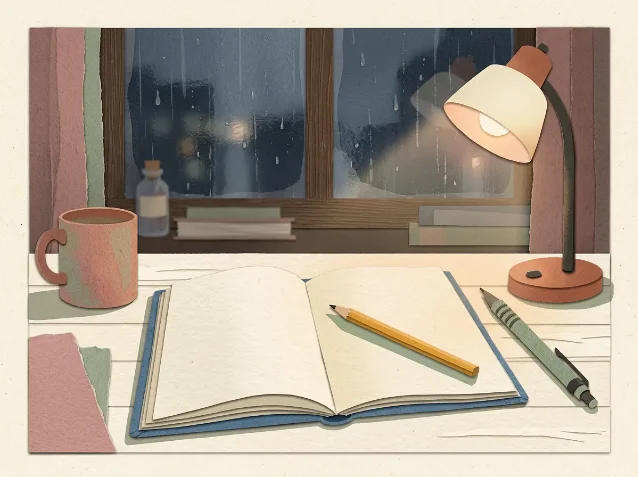 An open blue notebook on a quiet desk