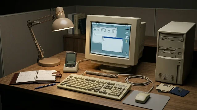 1996 年办公桌场景还原：CRT、串口线、纸质名片与会议日历