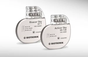 BIOTRONIK Rivacor Sky HF-T (CRT-D) and Acticor Sky VR-T DX (ICD) defibrillators side by side on white background