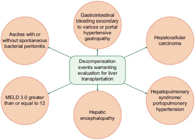 Diagram from the 2026 AASLD/AST guideline showing six decompensation events that warrant evaluation for liver transplantation: ascites/spontaneous bacterial peritonitis, gastrointestinal bleeding from varices, hepatic encephalopathy, MELD score ≥12, hepatopulmonary syndrome or portopulmonary hypertension, and hepatocellular carcinoma