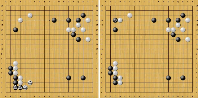 两张并排的围棋棋盘图:左侧是 DeepMind 文中称为教科书定式的三三进角次序,下边几手带三角标记;右侧是 AlphaGo 的走法,同样位置没有那几手,角部保持未定,另标出一手黑棋