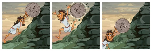 Illustration from Bill Gross's May 2024 Investment Outlook — Sisyphus pushing a $1 coin uphill, watching it roll back down