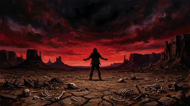 A dark figure with arms outstretched stands amid scattered bones and skulls on cracked desert earth, silhouetted against a blood-red sky over distant mesa formations