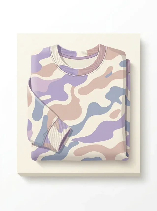 AI-generated concept: muted camo sweatshirt — lavender, dusty rose, and slate blue all-over camo print, clean studio product shot