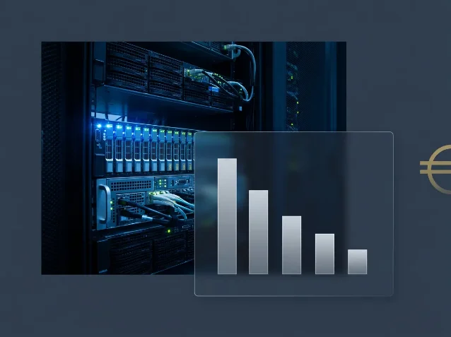 Data center server racks with blue LED lighting and 5-bar declining chart overlay representing systematic divestiture