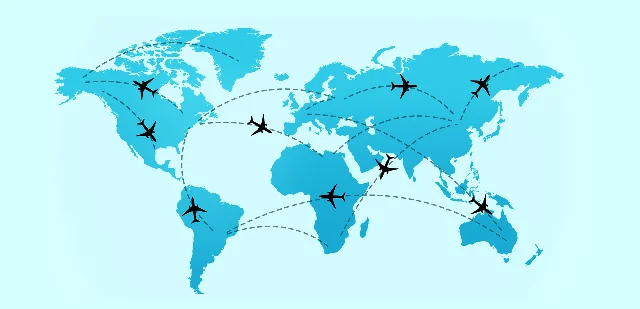 CDC global measles travel map showing air routes connecting continents with plane icons