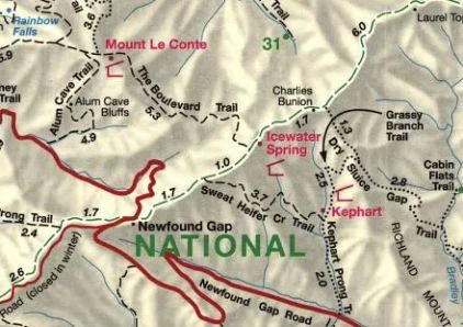 Trail route map showing the hike from Newfound Gap to Charlies Bunion via the Appalachian Trail with key landmarks