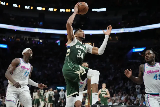 Giannis dunks on Miami Heat defenders at Kaseya Center, April 5, 2025