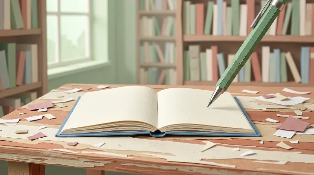 A blue notebook open on a library table, green pencil poised above the blank first page, scattered paper fragments around it