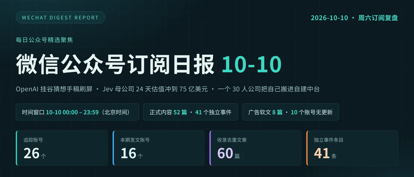 微信公众号订阅日报(2026-10-10):16 账号更新 60 篇,OpenAI 公开四维挂谷猜想证明稿、Jev 母公司 24 天估值冲到 75 亿美元