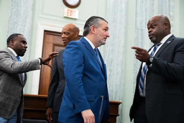 MTSU head coach Derek Mason, TSU President James Crawford III, Sen. Ted Cruz, and Memphis head coach Charles Huff speaking after the June 10 college sports roundtable on Capitol Hill
