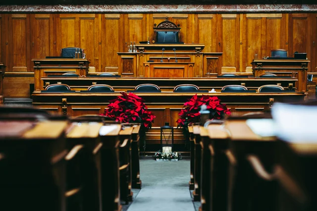 Spacious wooden courtroom interior