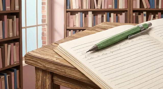 A green mechanical pencil resting across a notebook page, library light slanting in from a tall window.