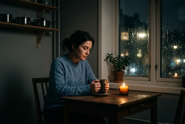 A woman alone at a small kitchen table late at night, hands around a mug, a single candle burning, rain on the window, Oslo city lights blurred beyond