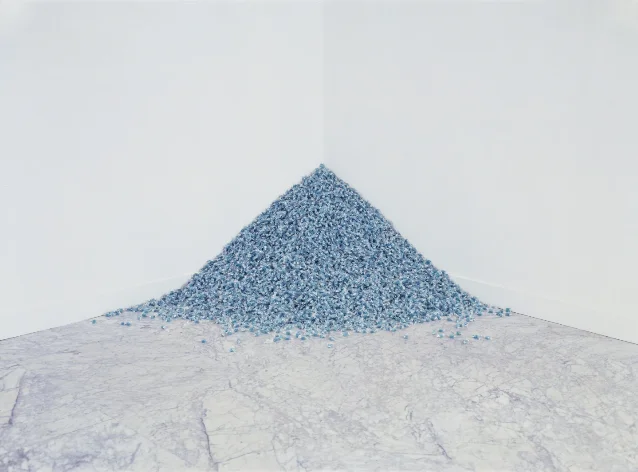 Felix Gonzalez-Torres, "Untitled" (Revenge), 1991 — blue candy pile in gallery corner