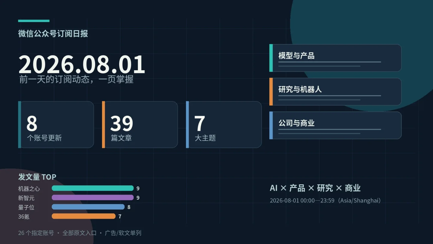 公众号订阅日报|2026年8月1日:8个账号更新,39篇文章
