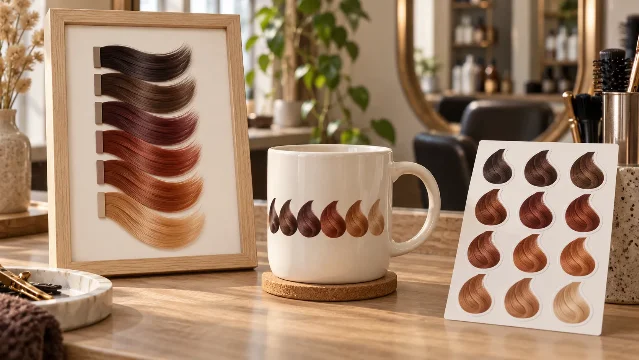 AI-generated product concept: a framed hair-colour swatch chart, a printed mug and a strand sticker sheet at a salon station