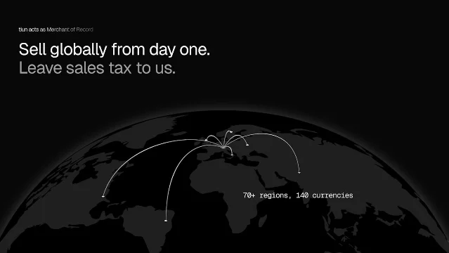 tiun. 发布页的商户角色示意图:标注 tiun acts as Merchant of Record 与 70+ regions, 140 currencies