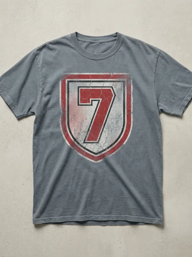 AI-generated concept: Blokecore tee — distressed number 7 shield badge on a slate-grey tee, cracked halftone texture, cardinal red and faded black palette